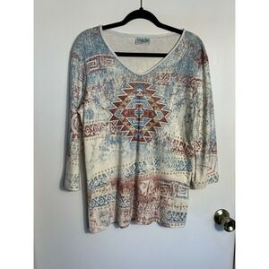 Cactus Bay Apparel Womens Large L Southwest Aztec 3/4 Sleeve Top Rhinestone USA